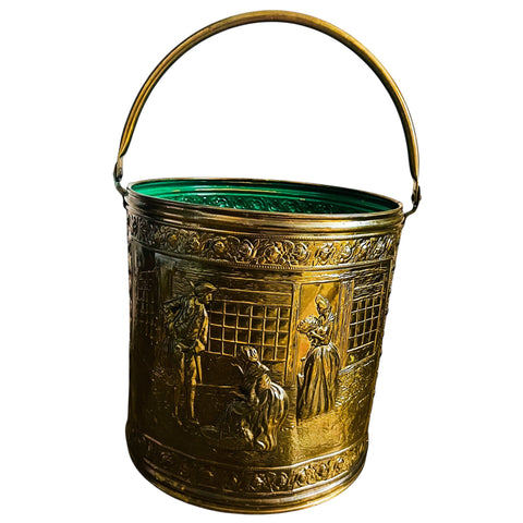 Vintage Brass Colonial Scene for Coal or Firewood Brass Bucket with Handle