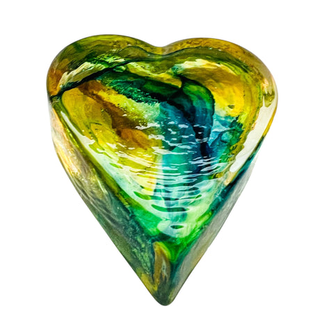 Robert Held Art Glass  Blue Yellow Green Heart Paperweight