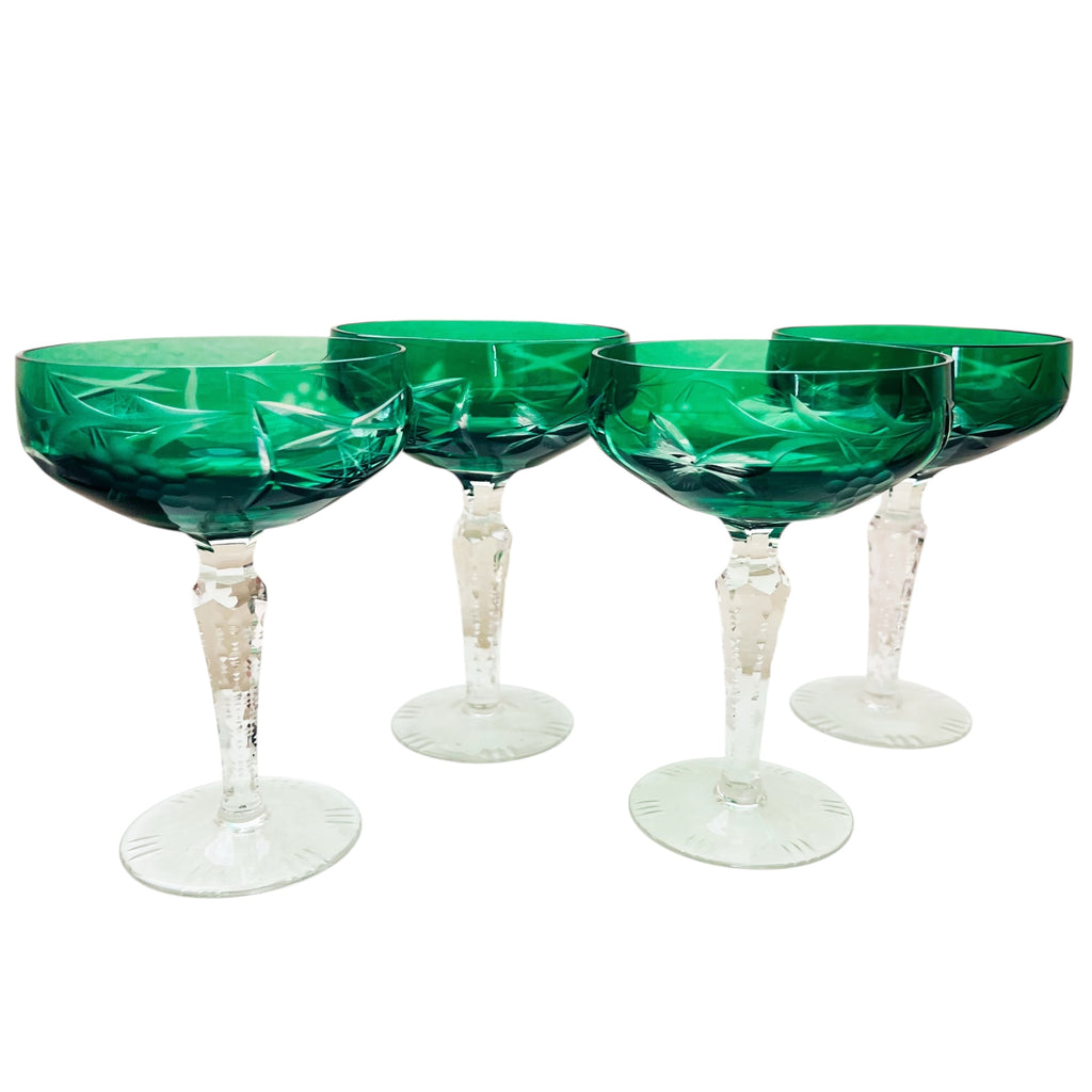 Vintage Emerald Vintage Green Cut Crystal Champagne Glasses Set of 4