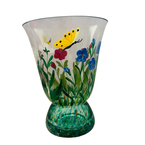 Vintage Hand-Painted Floral  Butterfly Glass Vase
