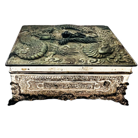 Vintage Japanese Dragon Hinged Silver Metal Storage Box