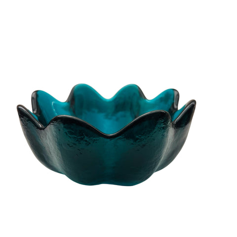 Vintage Blenko Art Glass Blue Lotus Flower Petal Bowl