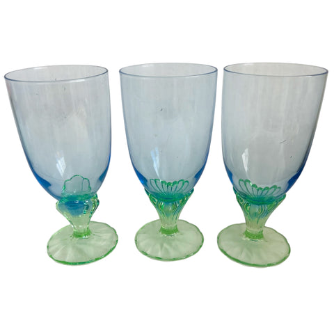 Bormioli Rocco Bahia Water Goblet Blue Green Stem Glass- Set of 3