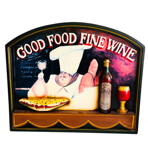 Vintage Italian Chef 3D Good Food Fine Wine Restaurant Wall Hanging Sign