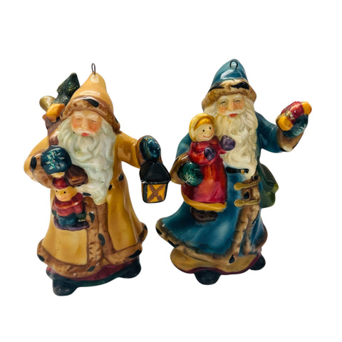 Vintage Hand Painted Wooden Santa Claus Ornaments