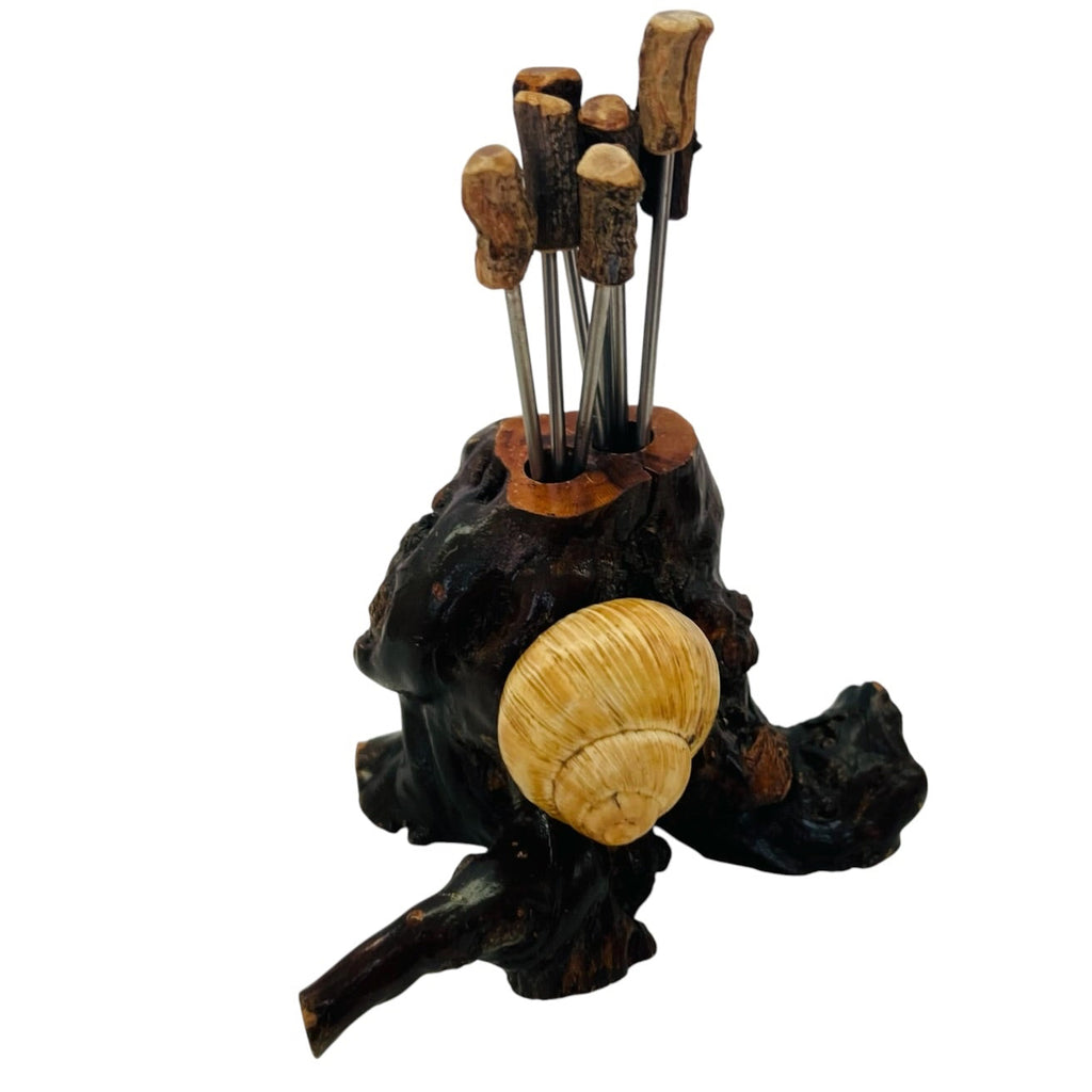 Rustic Driftwood Handmade Escargot Toothpick Holder with Shell Accent