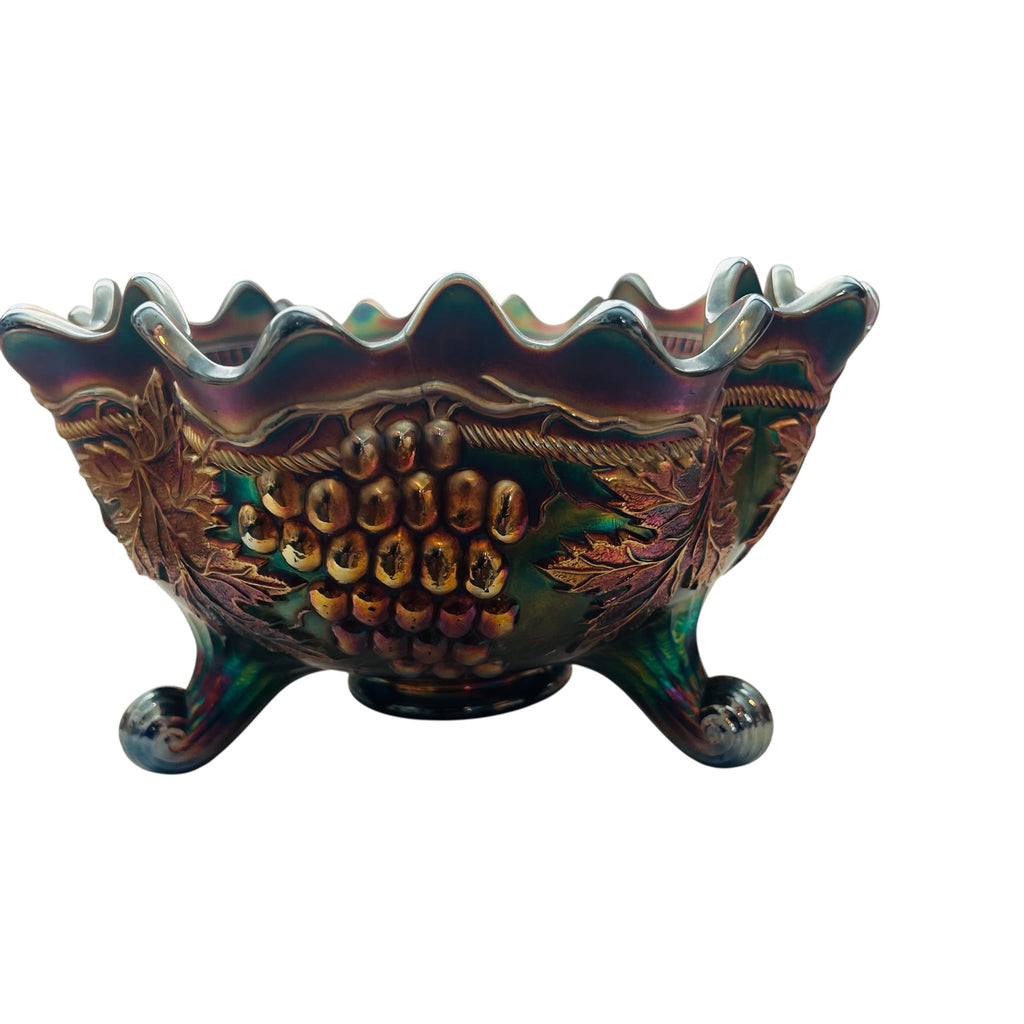 Vintage Carnival Glass Footed Fruit Grape & Cable Pattern Bowl