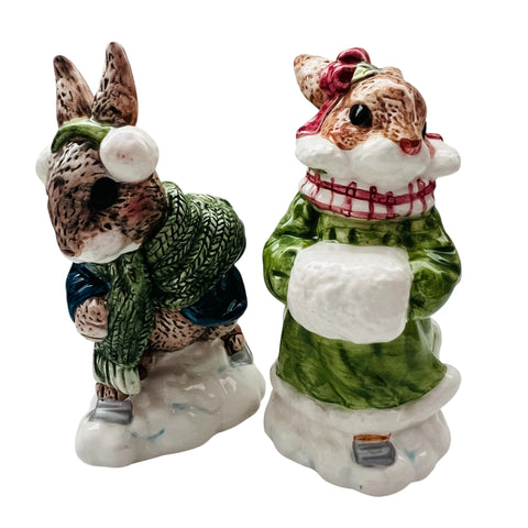 Vintage Enesco Ice Skating Rabbits Priscilla Hillman Bunny Salt & Pepper Set