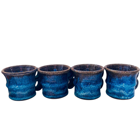 Studio Art Pottery Blue Drip Glaze Stoneware Mugs Set