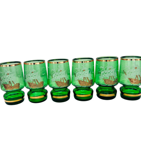 Vintage Green Gold Pirate Ship Shot Glasses Set of 6