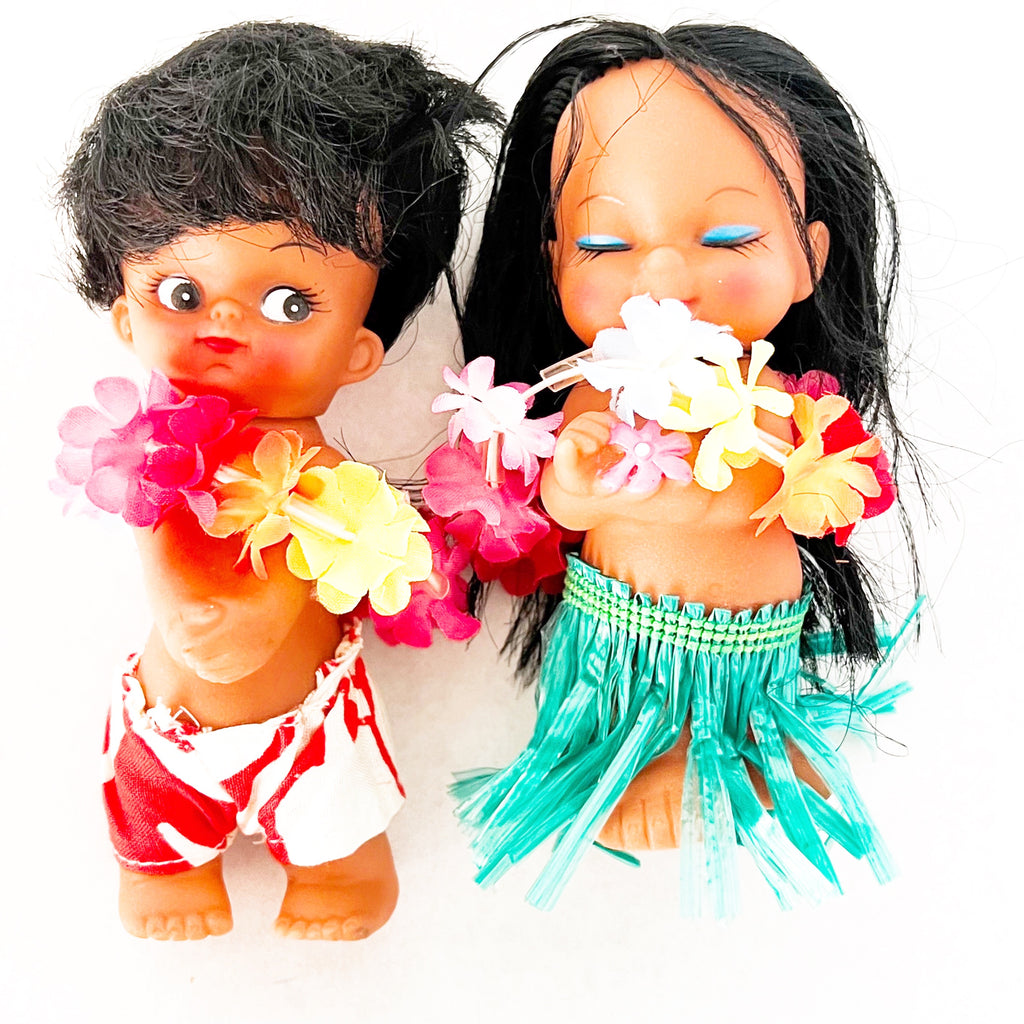 Vintage Hong Kong Made Soft Rubber Hula Girl and Boy Dolls