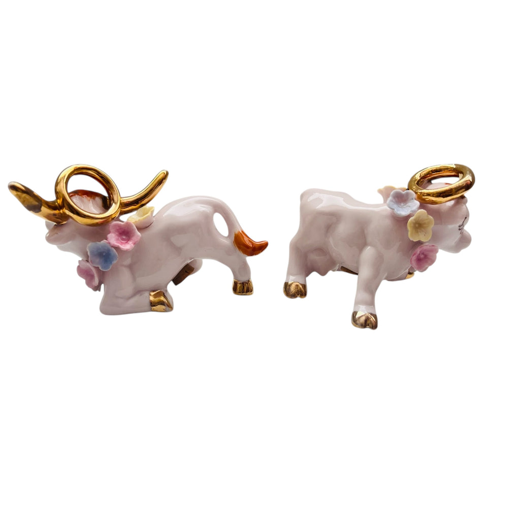 Vintage Bisque Long Horn Bull Angel Cow Applied Flowers Figurines