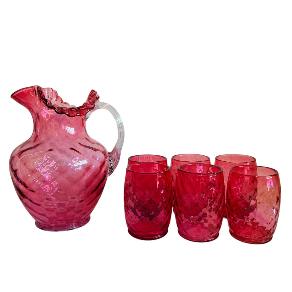 Vintage Fenton Ruby Red Glass Ruffled Edge Pitcher with 6 Matching Tumblers
