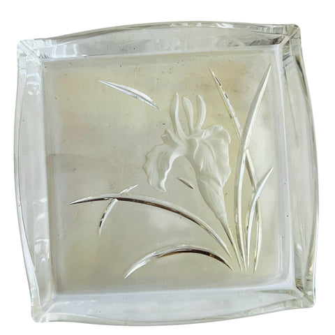 Vintage Frosted Iris Floral Design Glass Square Trinket Dish