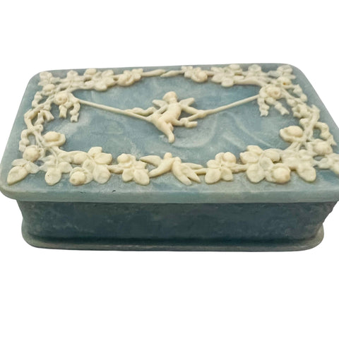 Vintage Incolay Stone Cameo Ornate Floral White & Blue Jewelry Box Trinket