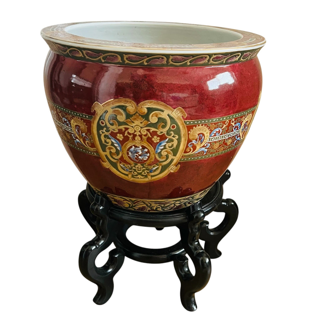 Vintage Oriental Accent Large Ceramic Asian Fish Planter Bowl Pot with Stand
