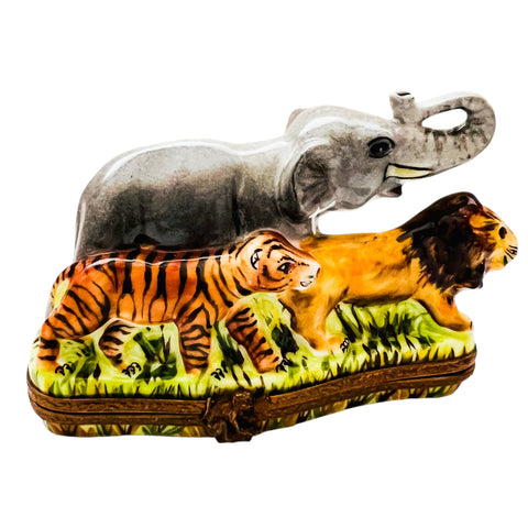 Vintage Elephant Lion Tiger Limoges France Hand Painted Trinket Box