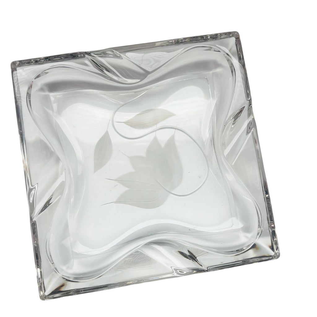 Vintage Clear Thick Glass Ashtray with Etched Flower