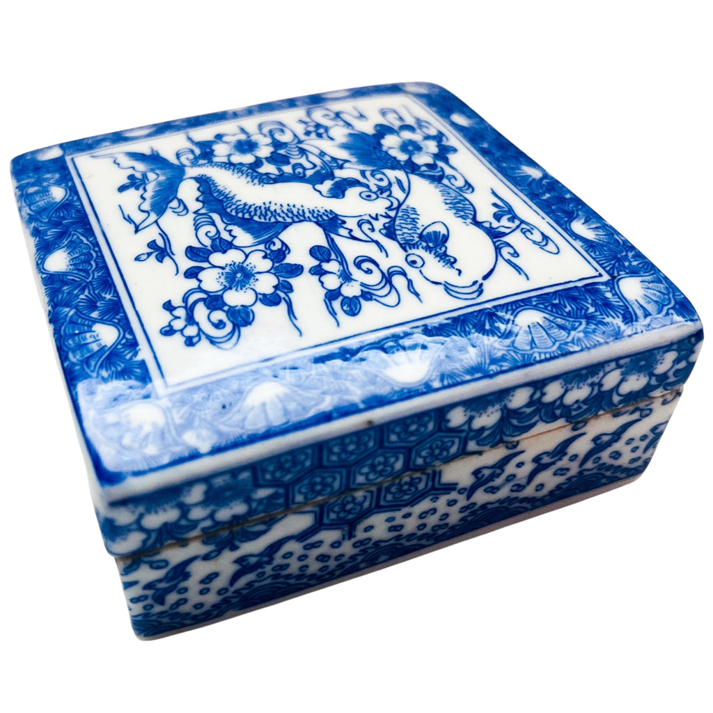 Vintage Chinese Square Blue & White Fish Trinket Box w/Lid