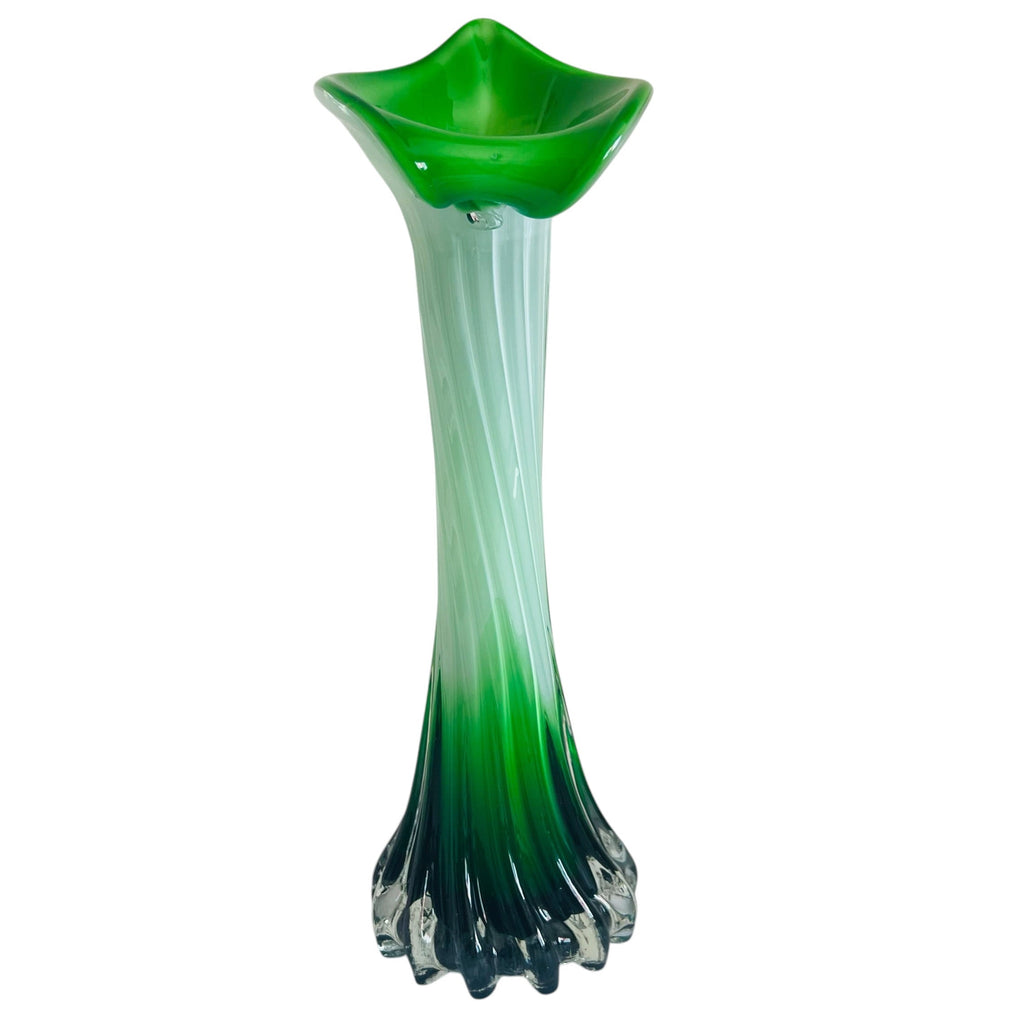 Art Glass Calla Lilly Jack in the Pulpit Cased Green White in Clear Vase