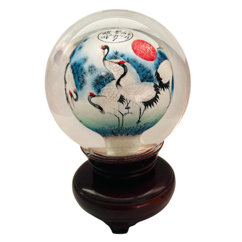Vintage Chinese Asian Reverse Hand Painted Cranes Glass Orb On Wooden Stand
