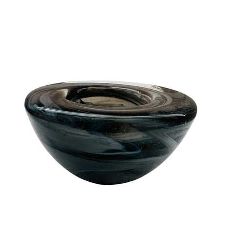 KOSTA BODA Atoll Black Gray Swirl Art Glass Votive Tea Light Holder