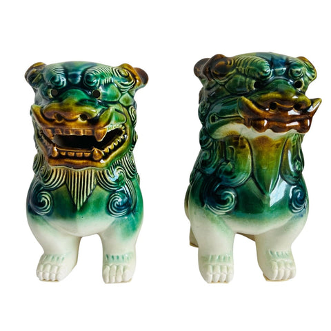 Vintage Green Ceramic Foo Dog Statues - Pair