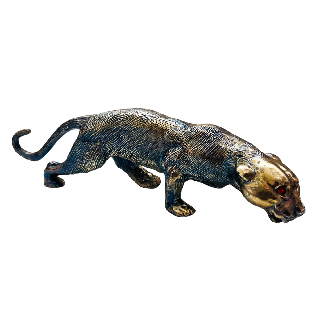 Vintage Bronzed Rustic Red Jeweled Eye Panther Signed Will P. Sculpture Figure