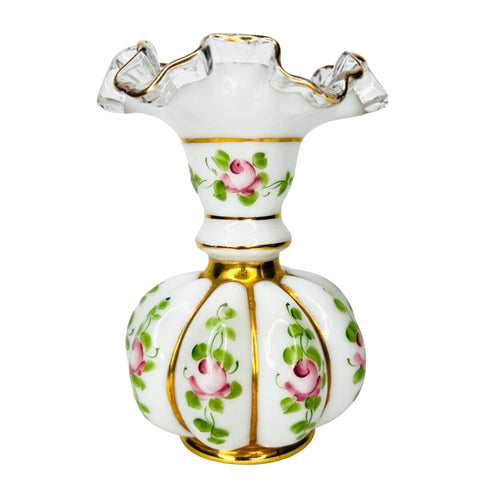 Fenton Charleton Roses Crest Melon Milk Glass Ruffle Vase