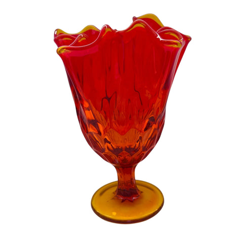 Vintage Fenton Thumbprint Orange Glass Pedestal Amberina Handkerchief Vase