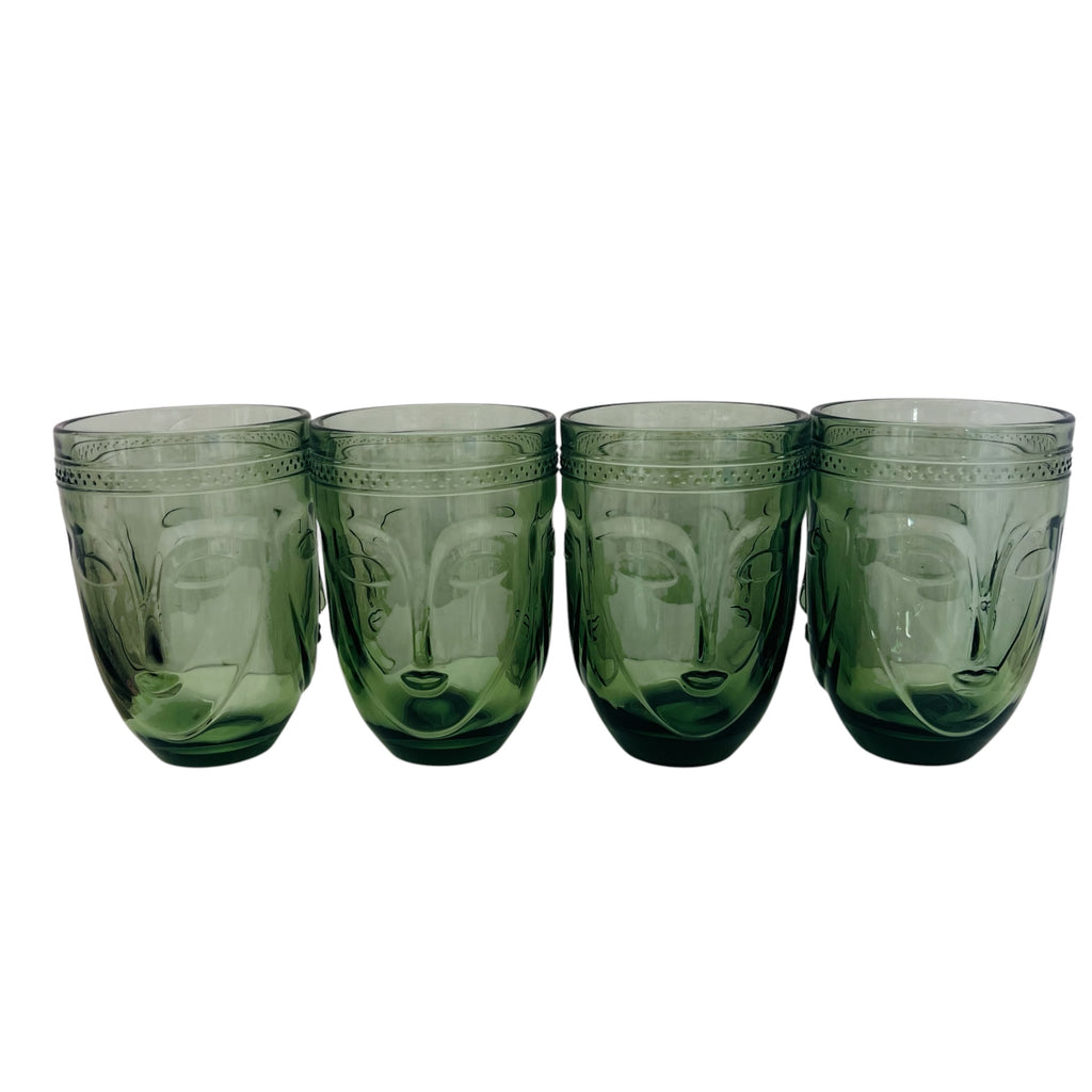 Green Sculpted Face Glass Drinking Glass Tumblers - Set of 4