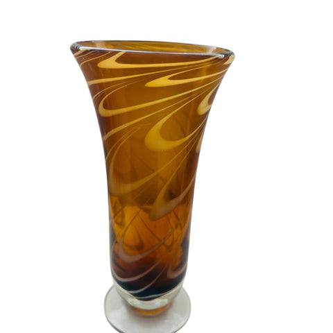 Vintage Amber and White Swirl Art Glass Footed Vase
