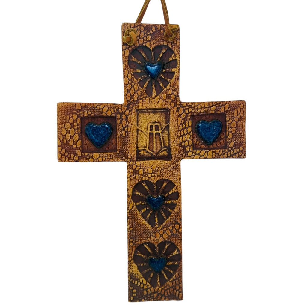 Inlay Decorative Textured Cross Wall Hanging with Blue Hearts
