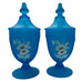 Westmoreland Blue Satin Hand Painted Daisies Lidded Candy Jars -Pair