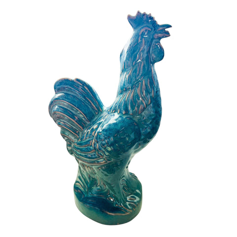 Rooster Pottery Glazed Blue/Green/Aqua Statue