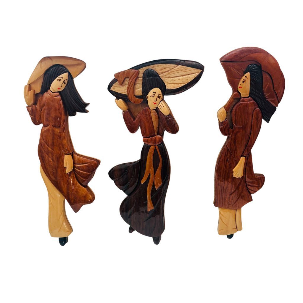 Vintage Hand-Carved Wooden Inlay Asian Wall Hanging Set of 3