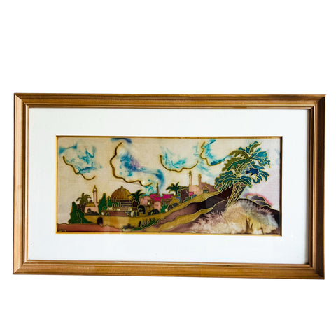Vintage Handpainted On Silk Colorful Landscape Glass Framed Art