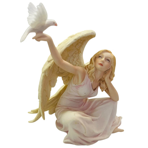 Vintage Sitting Angel in Pink with Dove Statue Figurine