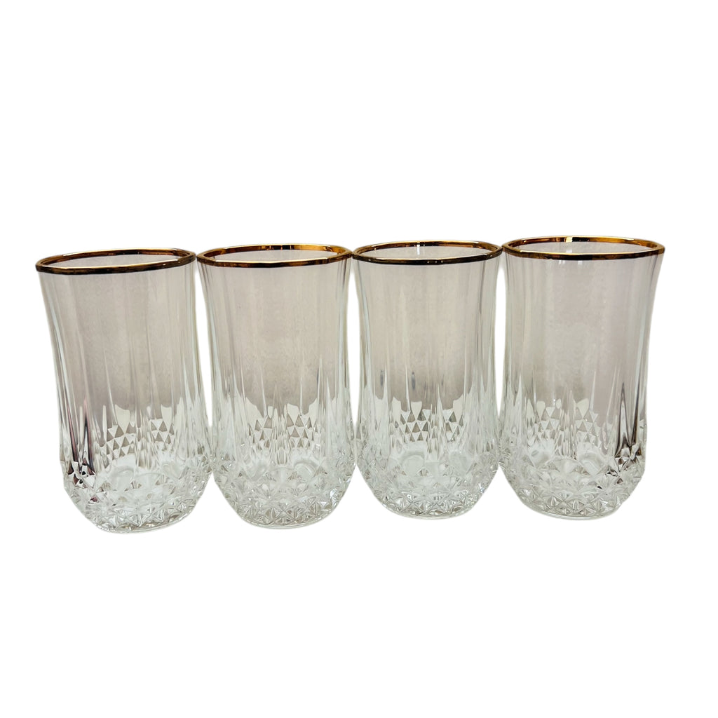 Vintage Diamond Cut Lead Crystal Tumbler Glasses with Gold Rims Set of 4