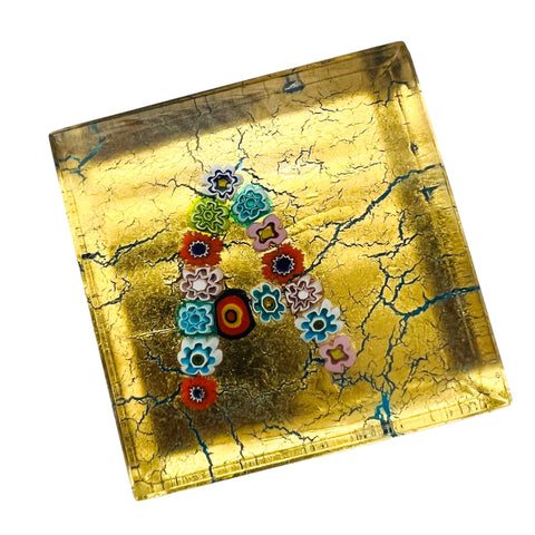 Murano Millefiori “Letter A” Square Gold Glass Paperweight
