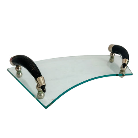 Vintage Mid Century MCM  Faux Black Bone Horn Handles Glass Vanity Tray