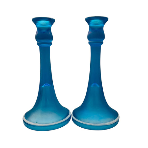 Dugan Diamond Celeste Blue Glass Enameled White Trim Candle Holders