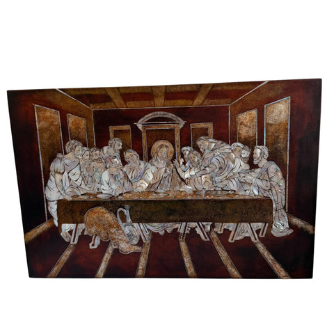 Vintage Mid Century Mother of Pearl Inlaid Jesus Last Supper Resin Plaque Wall