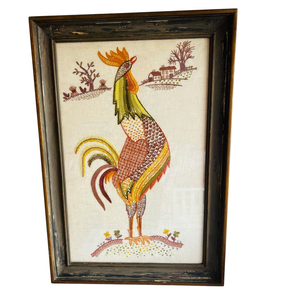 Vintage Embroidery Farmhouse Roosters Wood Frame Wall Hanging