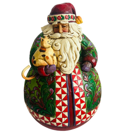 Vintage Jim Shore Roly Poly Festive Santa with Cat Figurine