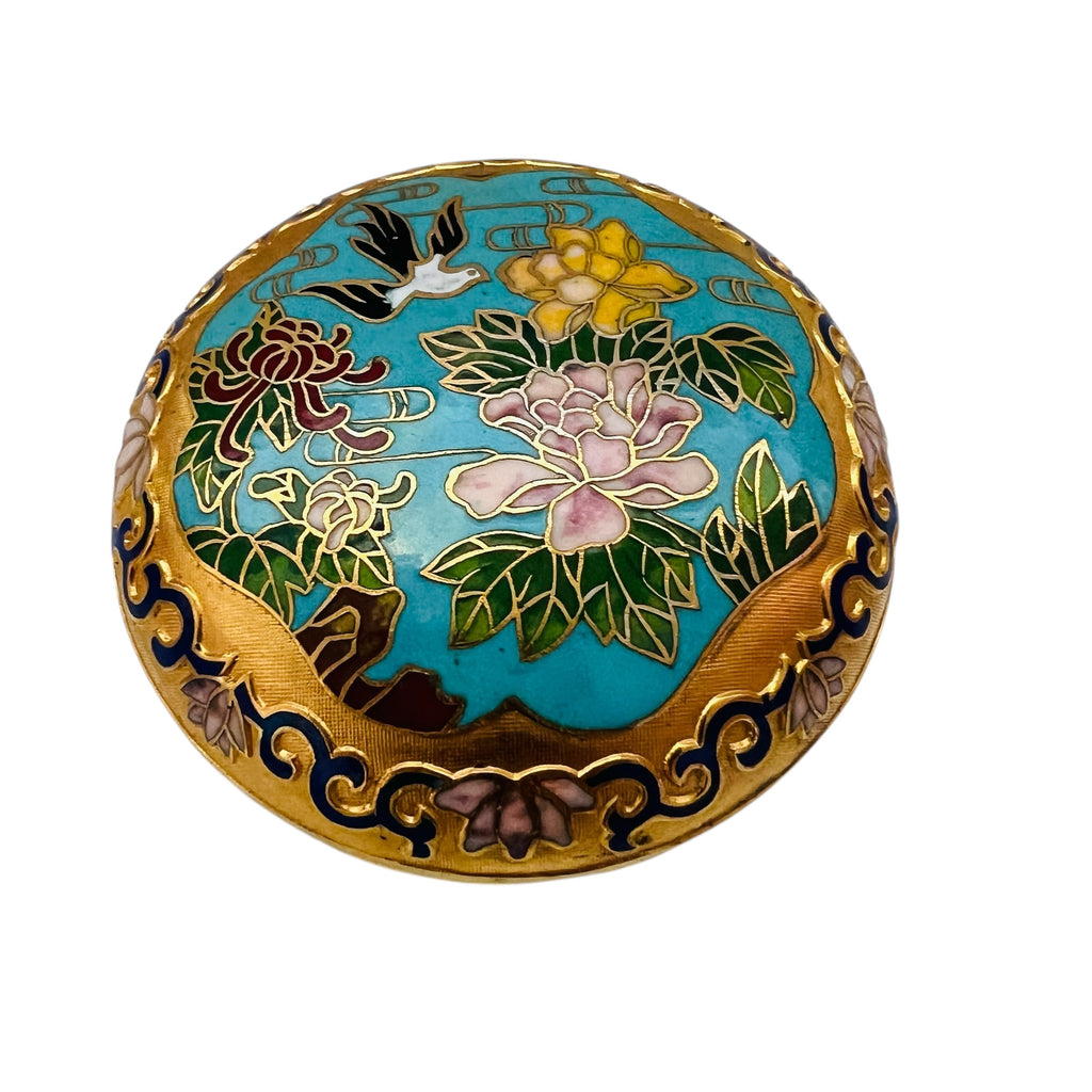 Vintage Cloisonné Gold Bird Floral Flowers Lidded Trinket
