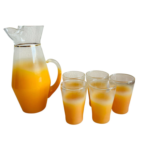 Vintage MCM Blendo Frosted Orange Glass Pitcher & 5 Juice Glasses Gold Trim Set