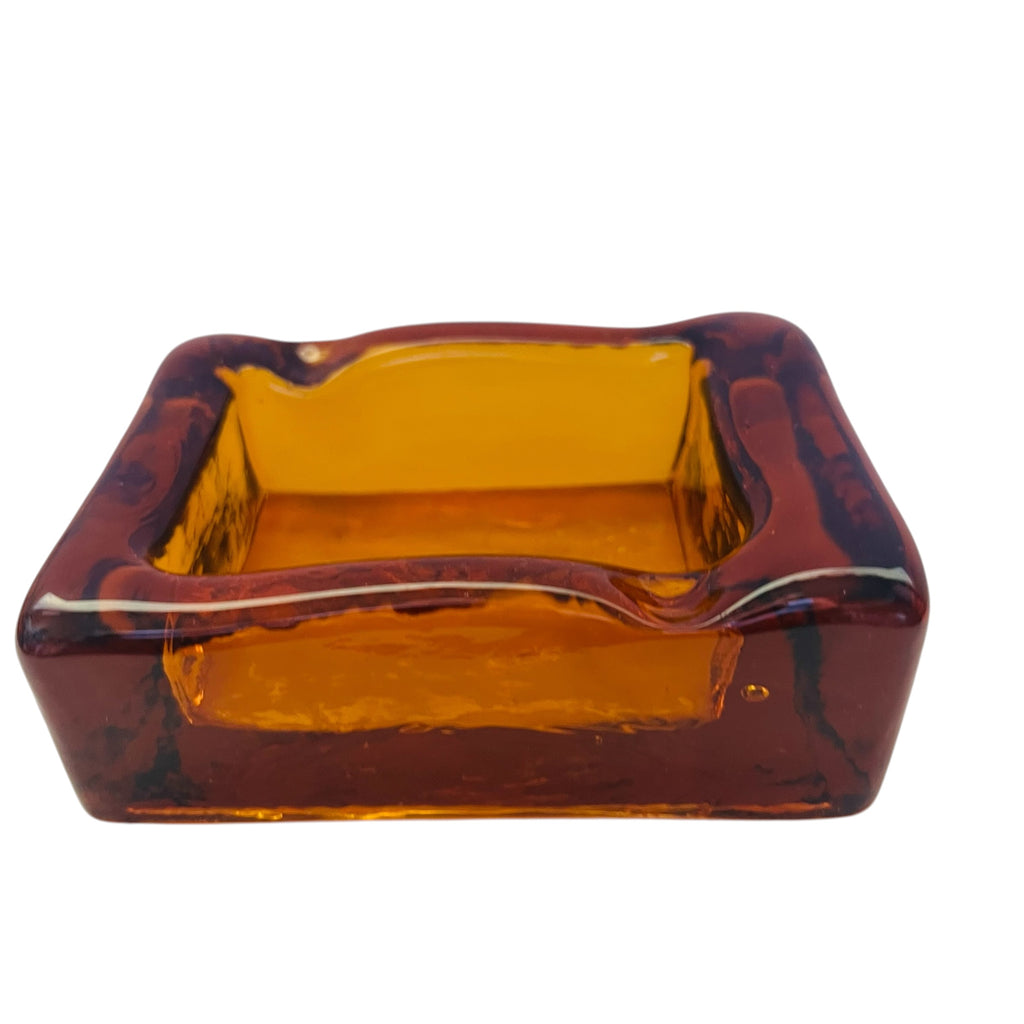 Vintage Mid Century Modern Heavy Amber Art Glass Ashtray