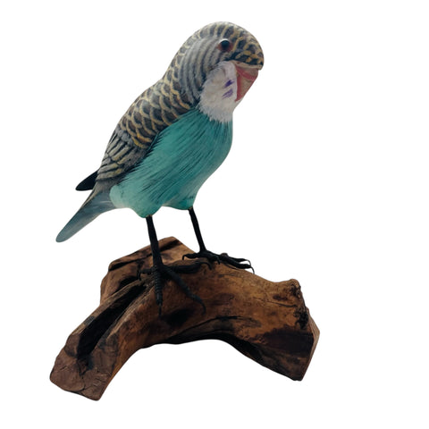 Vintage Hand Painted Parakeet With Wooden Base Bird Figurine