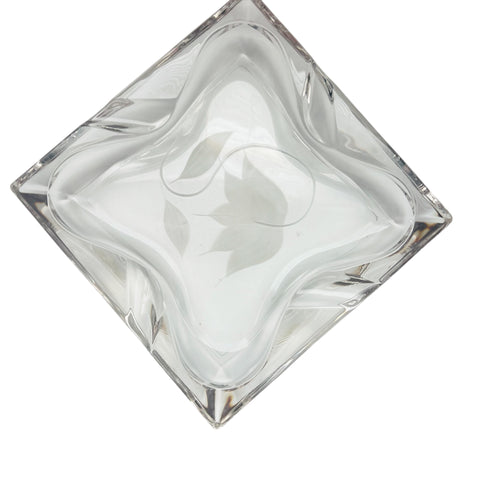 Vintage Clear Think Glass Ashtray with Etched Flower